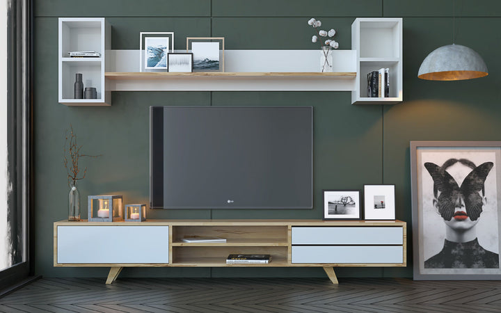 Farso Tv Entertainment Cabinet / Shelving / Oak, White-Evuhome-Flat Pack (Self-Assembly)-Evuhome