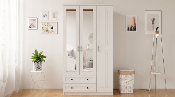 Juliet 3 Door 2 Drawer Mirrored White Wardrobe-Wardrobe-Evuhome-Flat Pack (Self-Assembly)-Evuhome