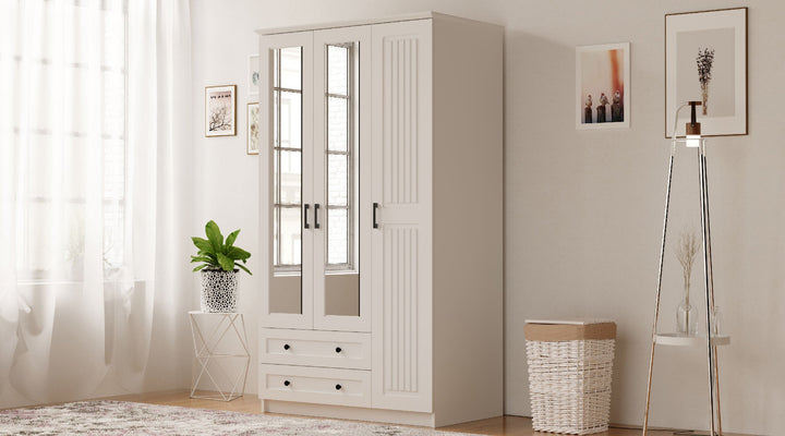 Juliet 3 Door 2 Drawer Mirrored White Wardrobe-Wardrobe-Evuhome-Flat Pack (Self-Assembly)-Evuhome