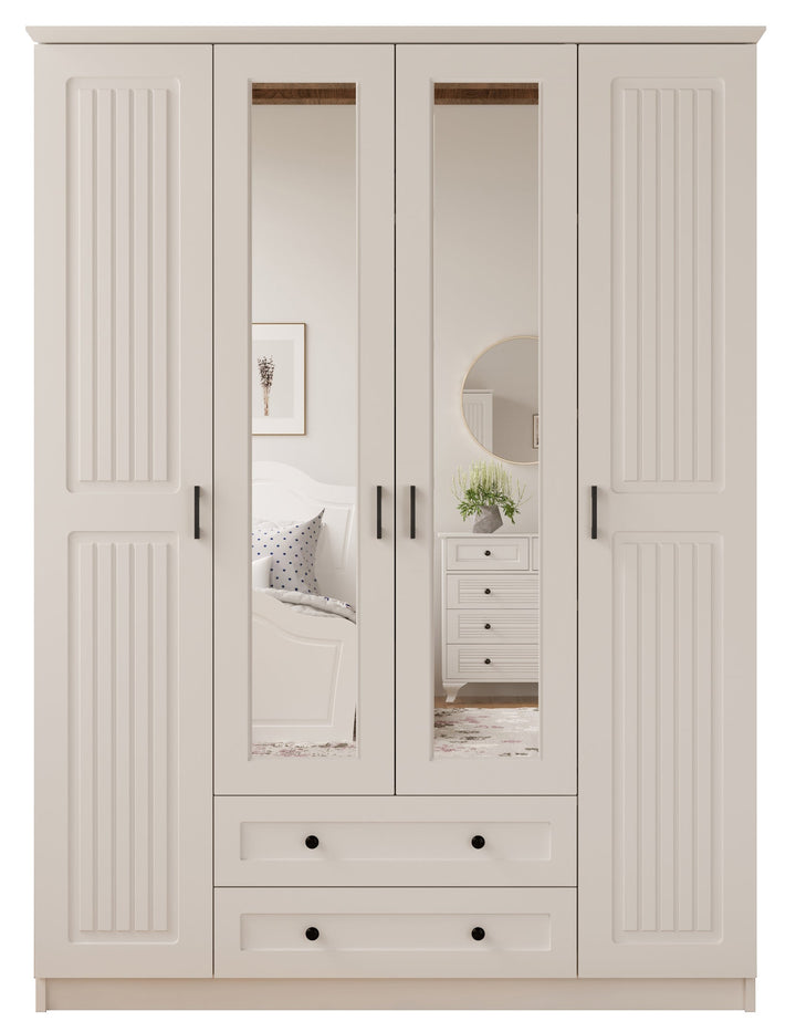 Juliet 4 Door 2 Drawer Mirrored White Wardrobe-Wardrobe-Evuhome-Fully Assembled-Evuhome