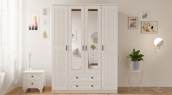 Juliet 4 Door 2 Drawer Mirrored White Wardrobe-Wardrobe-Evuhome-Flat Pack (Self-Assembly)-Evuhome
