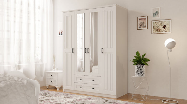 Juliet 4 Door 2 Drawer Mirrored White Wardrobe-Wardrobe-Evuhome-Flat Pack (Self-Assembly)-Evuhome