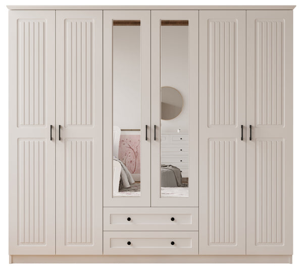 Juliet 6 Door 2 Drawer Mirrored White Wardrobe-Wardrobe-Evuhome-Fully Assembled-Evuhome