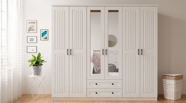 Juliet 6 Door 2 Drawer Mirrored White Wardrobe-Wardrobe-Evuhome-Flat Pack (Self-Assembly)-Evuhome