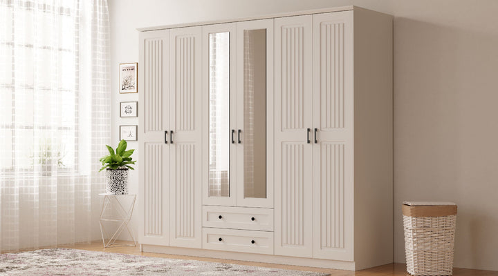 Juliet 6 Door 2 Drawer Mirrored White Wardrobe-Wardrobe-Evuhome-Flat Pack (Self-Assembly)-Evuhome