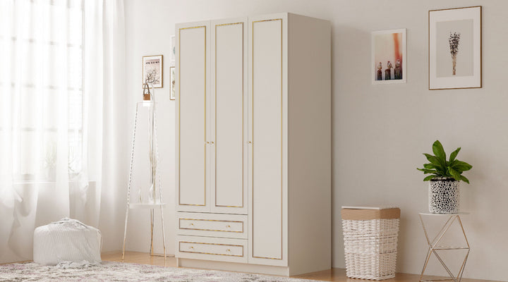 Marie 3 Door 2 Drawer Gold White Wardrobe-Wardrobe-Evuhome-Flat Pack (Self-Assembly)-Evuhome
