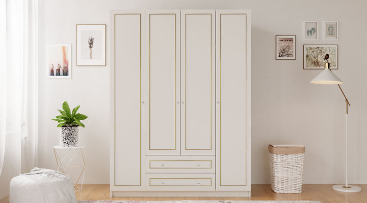 Marie 4 Door 2 Drawer Gold White Wardrobe-Wardrobe-Evuhome-Flat Pack (Self-Assembly)-Evuhome