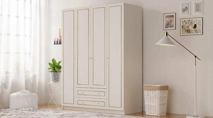 Marie 4 Door 2 Drawer Gold White Wardrobe-Wardrobe-Evuhome-Flat Pack (Self-Assembly)-Evuhome