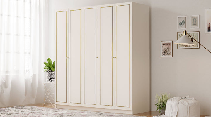 Marie 5 Door Gold White Wardrobe-Wardrobe-Evuhome-Flat Pack (Self-Assembly)-Evuhome