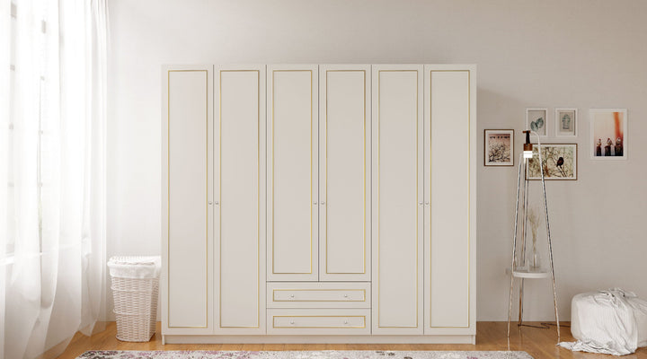 Marie 6 Door 2 Drawer Gold White Wardrobe-Wardrobe-Evuhome-Flat Pack (Self-Assembly)-Evuhome