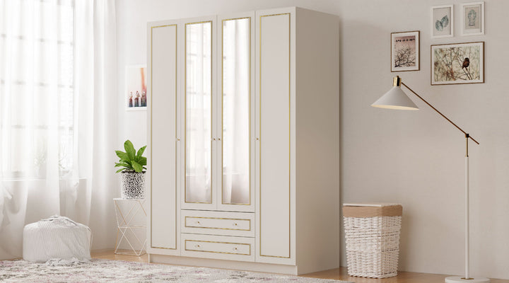 Marie 4 Door 2 Drawer Mirrored Gold White Wardrobe-Wardrobe-Evuhome-Flat Pack (Self-Assembly)-Evuhome