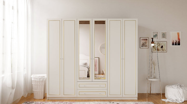 Marie 6 Door 2 Drawer Mirrored Gold White Wardrobe-Wardrobe-Evuhome-Flat Pack (Self-Assembly)-Evuhome