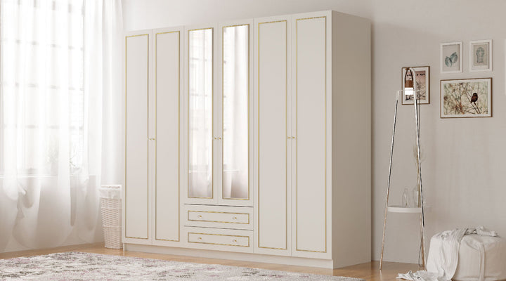 Marie 6 Door 2 Drawer Mirrored Gold White Wardrobe-Wardrobe-Evuhome-Flat Pack (Self-Assembly)-Evuhome