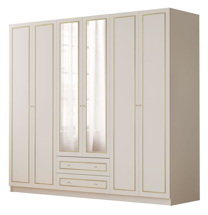 Marie 6 Door 2 Drawer Mirrored Gold White Wardrobe-Wardrobe-Evuhome-Flat Pack (Self-Assembly)-Evuhome