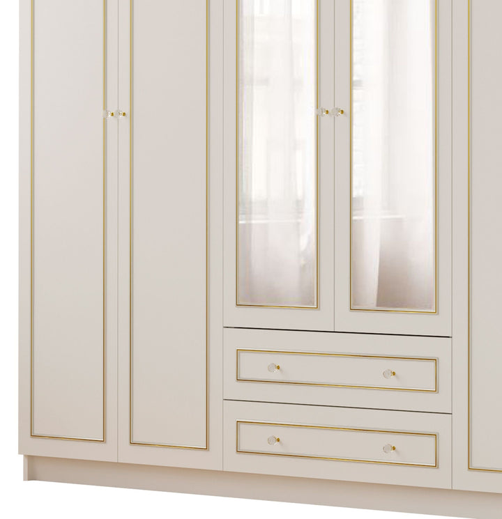 Marie 6 Door 2 Drawer Mirrored Gold White Wardrobe-Wardrobe-Evuhome-Flat Pack (Self-Assembly)-Evuhome