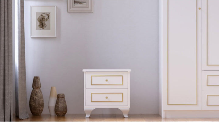 Marie 2 Drawer Gold White Bedside Table-Evuhome-Flat Pack (Self-Assembly)-Evuhome