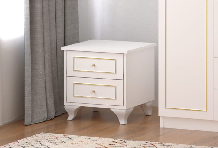 Marie 2 Drawer Gold White Bedside Table-Evuhome-Flat Pack (Self-Assembly)-Evuhome