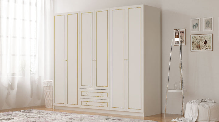 Marie Xl 6 Door 2 Drawer Gold White Wardrobe-Wardrobe-Evuhome-Flat Pack (Self-Assembly)-Evuhome