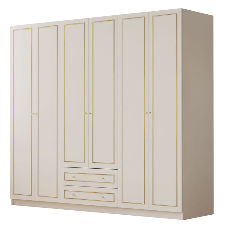 Marie Xl 6 Door 2 Drawer Gold White Wardrobe-Wardrobe-Evuhome-Flat Pack (Self-Assembly)-Evuhome