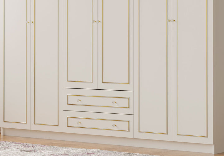 Marie Xl 6 Door 2 Drawer Gold White Wardrobe-Wardrobe-Evuhome-Flat Pack (Self-Assembly)-Evuhome