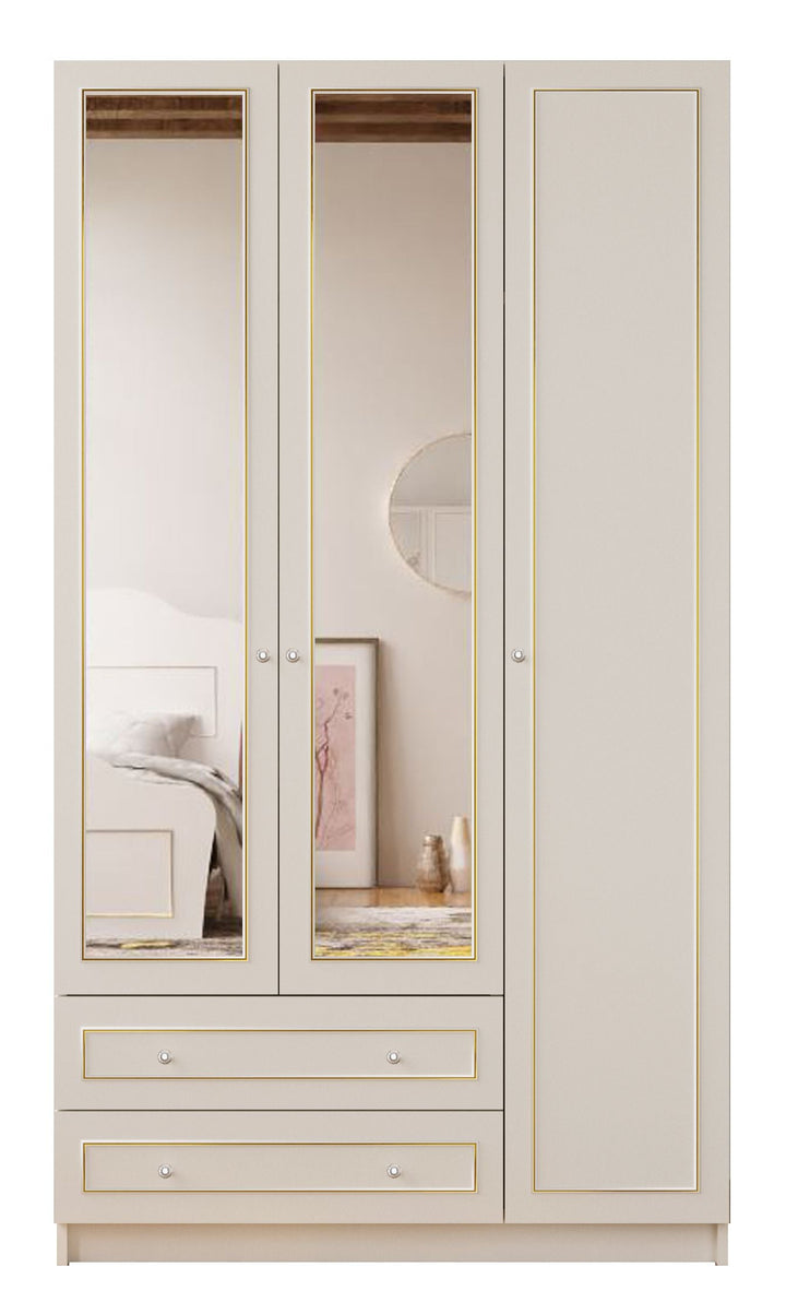 Marie Xl 3 Door 2 Drawer Mirrored Gold White Wardrobe-Wardrobe-Evuhome-Fully Assembled-Evuhome
