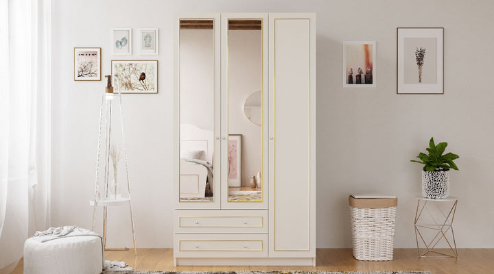 Marie Xl 3 Door 2 Drawer Mirrored Gold White Wardrobe-Wardrobe-Evuhome-Flat Pack (Self-Assembly)-Evuhome