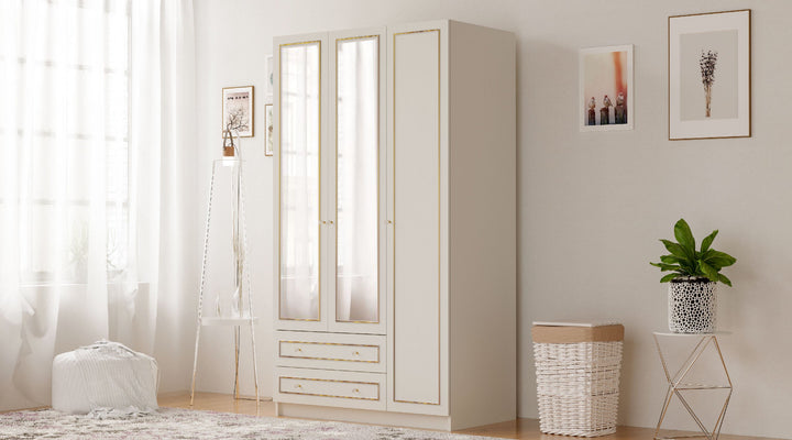 Marie Xl 3 Door 2 Drawer Mirrored Gold White Wardrobe-Wardrobe-Evuhome-Flat Pack (Self-Assembly)-Evuhome