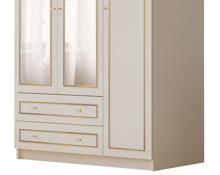 Marie Xl 3 Door 2 Drawer Mirrored Gold White Wardrobe-Wardrobe-Evuhome-Flat Pack (Self-Assembly)-Evuhome
