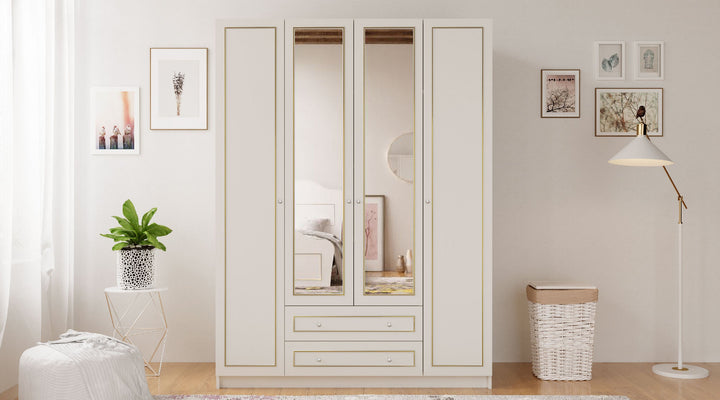 Marie Xl 4 Door 2 Drawer Mirrored Gold White Wardrobe-Wardrobe-Evuhome-Flat Pack (Self-Assembly)-Evuhome