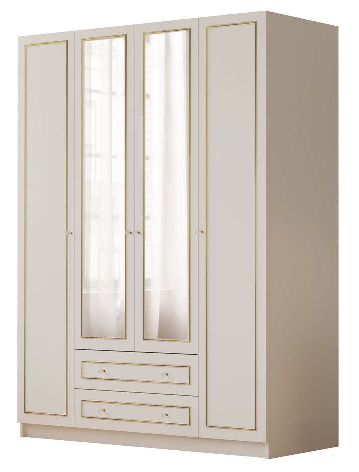 Marie Xl 4 Door 2 Drawer Mirrored Gold White Wardrobe-Wardrobe-Evuhome-Flat Pack (Self-Assembly)-Evuhome