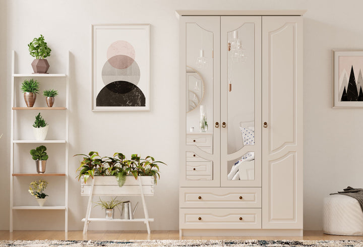 Chloe 3 Door 2 Drawer Mirrored White Wardrobe-Wardrobe-Evuhome-Flat Pack (Self-Assembly)-Evuhome
