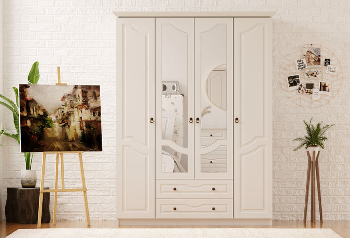 Chloe 4 Door 2 Drawer Mirrored White Wardrobe-Wardrobe-Evuhome-Flat Pack (Self-Assembly)-Evuhome