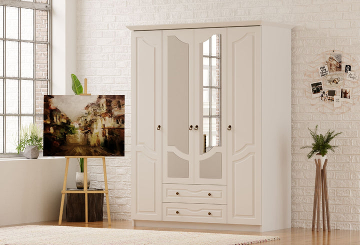 Chloe 4 Door 2 Drawer Mirrored White Wardrobe-Wardrobe-Evuhome-Flat Pack (Self-Assembly)-Evuhome