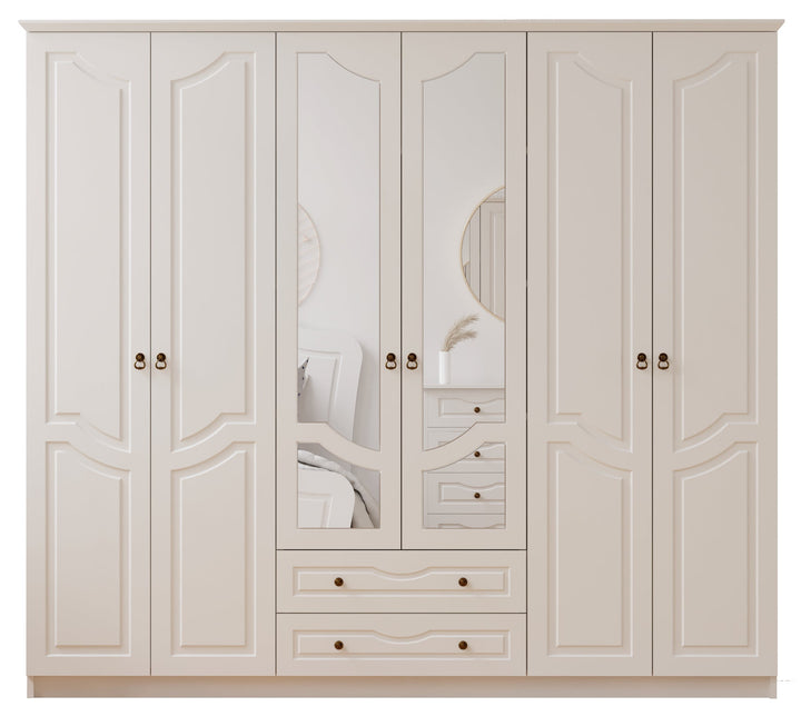 Chloe 6 Door 2 Drawer Mirrored White Wardrobe-Wardrobe-Evuhome-Flat Pack (Self-Assembly)-Evuhome