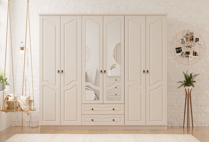 Chloe 6 Door 2 Drawer Mirrored White Wardrobe-Wardrobe-Evuhome-Flat Pack (Self-Assembly)-Evuhome
