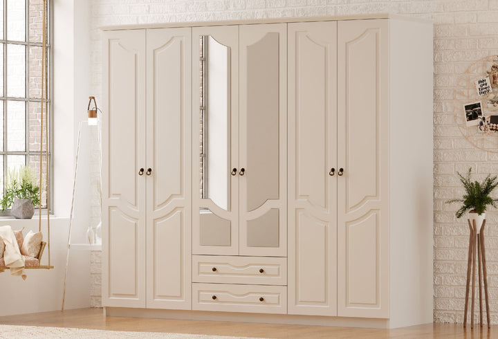 Chloe 6 Door 2 Drawer Mirrored White Wardrobe-Wardrobe-Evuhome-Flat Pack (Self-Assembly)-Evuhome