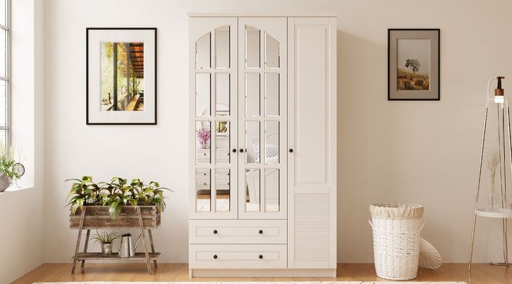 Elise Xl 3 Door 2 Drawer Mirrored White Wardrobe-Wardrobe-Evuhome-Flat Pack (Self-Assembly)-Evuhome
