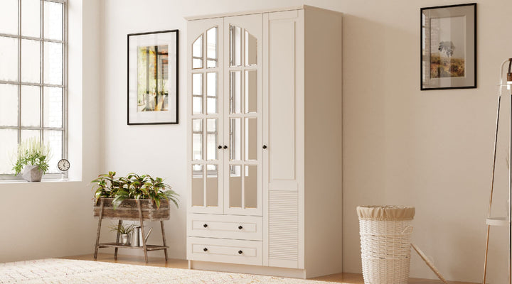 Elise Xl 3 Door 2 Drawer Mirrored White Wardrobe-Wardrobe-Evuhome-Flat Pack (Self-Assembly)-Evuhome