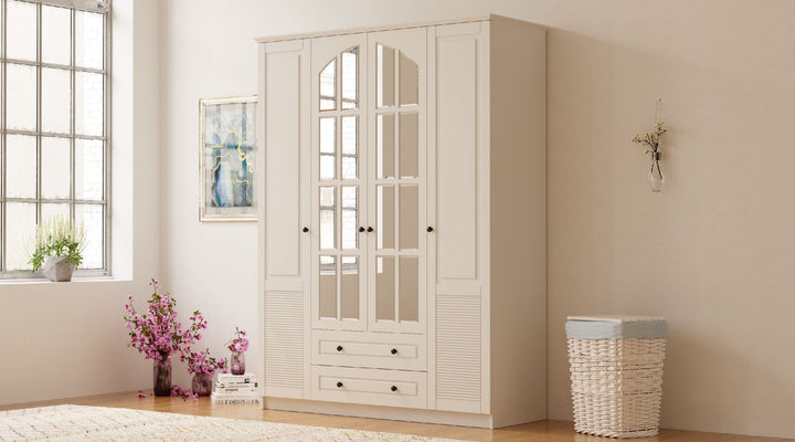 Elise Xl 4 Door 2 Drawer Mirrored White Wardrobe-Wardrobe-Evuhome-Flat Pack (Self-Assembly)-Evuhome