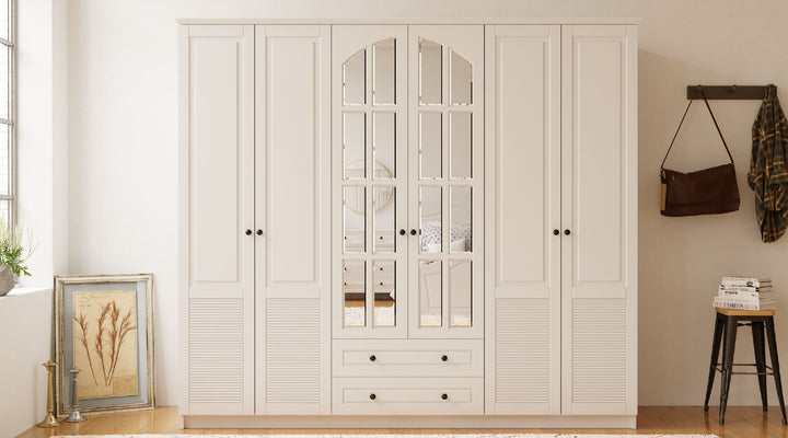Elise 6 Door 2 Drawer Mirrored White Wardrobe-Wardrobe-Evuhome-Flat Pack (Self-Assembly)-Evuhome