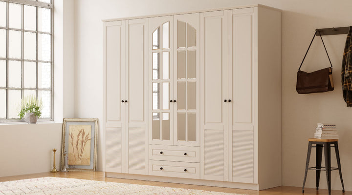Elise Xl 6 Door 2 Drawer Mirrored White Wardrobe-Wardrobe-Evuhome-Flat Pack (Self-Assembly)-Evuhome