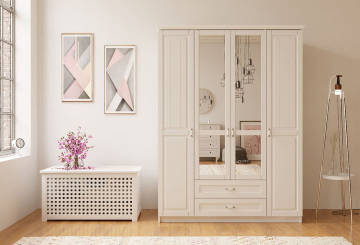 Charlotte 4 Door 2 Drawer Mirrored White Wardrobe-Wardrobe-Evuhome-Flat Pack (Self-Assembly)-Evuhome