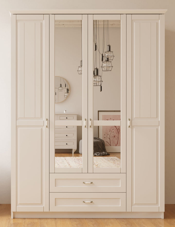 Charlotte 4 Door 2 Drawer Mirrored White Wardrobe-Wardrobe-Evuhome-Flat Pack (Self-Assembly)-Evuhome