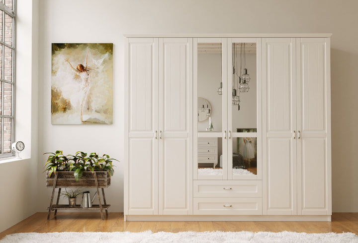 Charlotte 6 Door 2 Drawer Mirrored White Wardrobe-Wardrobe-Evuhome-Flat Pack (Self-Assembly)-Evuhome