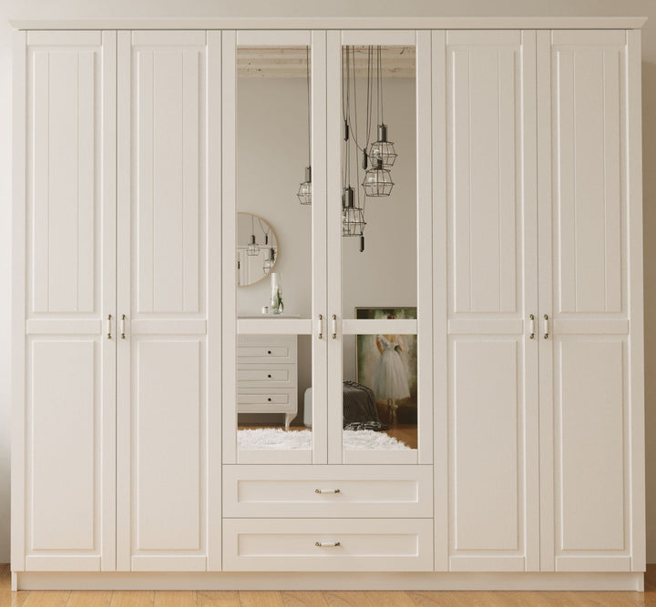 Charlotte 6 Door 2 Drawer Mirrored White Wardrobe-Wardrobe-Evuhome-Flat Pack (Self-Assembly)-Evuhome