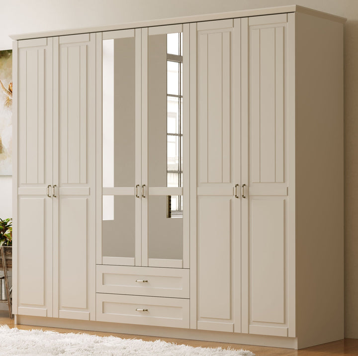 Charlotte 6 Door 2 Drawer Mirrored White Wardrobe-Wardrobe-Evuhome-Flat Pack (Self-Assembly)-Evuhome