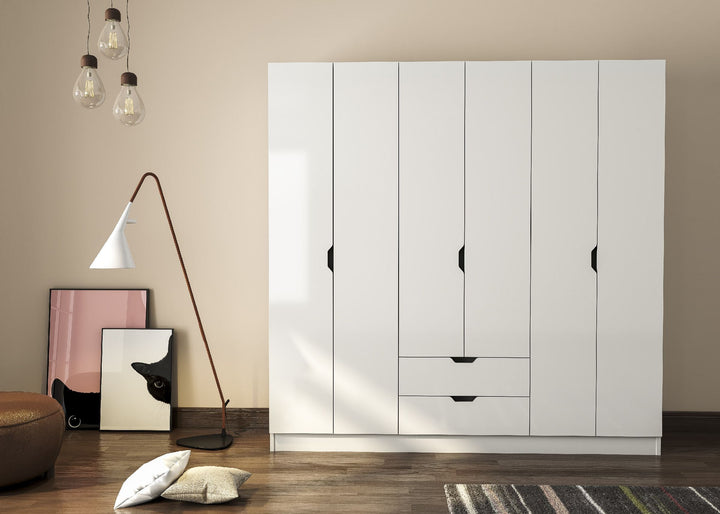 Bergen 6 Door 2 Drawer White Wardrobe-Wardrobe-Evuhome-Flat Pack (Self-Assembly)-Evuhome