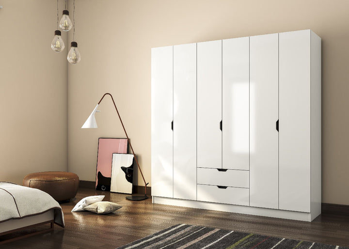 Bergen 6 Door 2 Drawer White Wardrobe-Wardrobe-Evuhome-Flat Pack (Self-Assembly)-Evuhome
