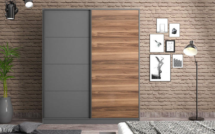 Milano Sliding Door Wardrobe Walnut, Anthracite-Wardrobe-Evuhome-Flat Pack (Self-Assembly)-Evuhome