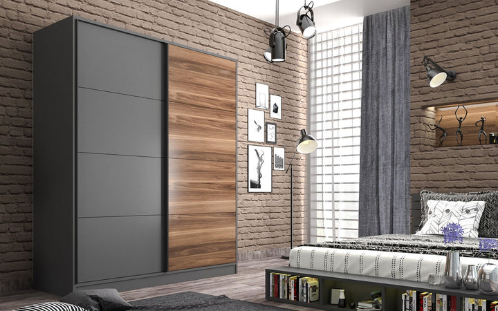 Milano Sliding Door Wardrobe Walnut, Anthracite-Wardrobe-Evuhome-Flat Pack (Self-Assembly)-Evuhome